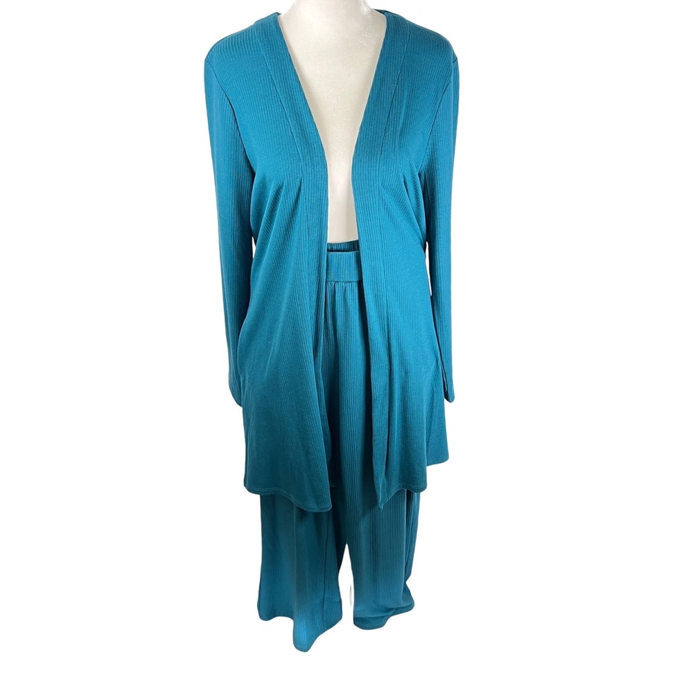 IMAN Global Chic Teal Ribbed Knit 2 Piece Cardigan and Wide Leg Pant Set‎ Medium